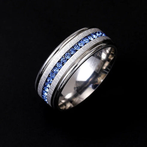 Men's 8mm Brushed Titanium Steel Blue Sapphire CZ Comfort-Fit Wedding Band